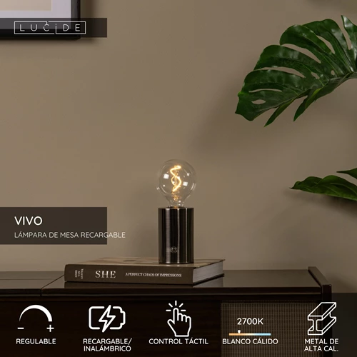 Lucide VIVO - Lámpara de mesa Recargable - Batería/acumulador - Ø 8 cm - LED Regul. - E27 - 1x1W 2700K - Cromo negro mate - USP
